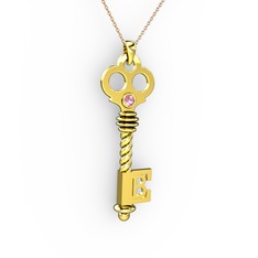 Anahtar Kolye - Pembe kuvars 8 ayar altın kolye (40 cm rose altın rolo zincir) #1grkwcb