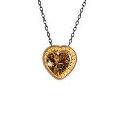 Esinti Kalp Kolye - Dumanlı kuvars ve sitrin 8 ayar rose altın kolye (40 cm gümüş rolo zincir) #1jwr009
