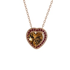Esinti Kalp Kolye - Dumanlı kuvars ve kök yakut 8 ayar rose altın kolye (40 cm gümüş rolo zincir) #2fqreg