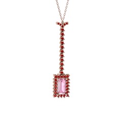 Pembe kuvars ve garnet 18 ayar rose altın kolye (40 cm rose altın rolo zincir)