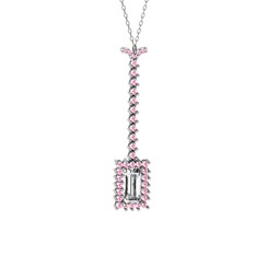 Swarovski ve pembe kuvars 18 ayar beyaz altın kolye (40 cm beyaz altın rolo zincir)