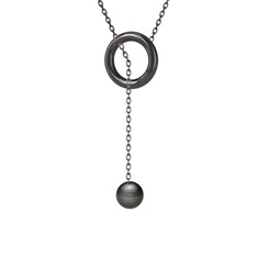 Fien İnci Kolye - Siyah inci 925 ayar siyah rodyum kaplama gümüş kolye (60 cm gümüş rolo zincir) #148sq1o