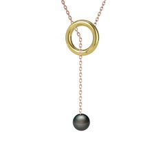 Fien İnci Kolye - Siyah inci 925 ayar altın kaplama gümüş kolye (60 cm rose altın rolo zincir) #15decgs