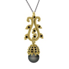 Şah İnci Kolye - Siyah inci ve siyah zirkon 14 ayar altın kolye (40 cm gümüş rolo zincir) #163t3z0
