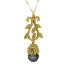 Şah İnci Kolye - Siyah inci ve peridot 18 ayar altın kolye (40 cm altın rolo zincir) #1eoclze