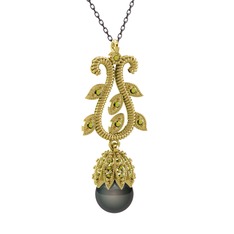 Şah İnci Kolye - Siyah inci ve peridot 18 ayar altın kolye (40 cm gümüş rolo zincir) #b1871j