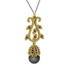 Şah İnci Kolye - Siyah inci ve kök yakut 8 ayar altın kolye (40 cm gümüş rolo zincir) #ia8jz8