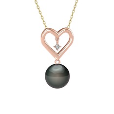 İncili Kalp Kolye - Siyah inci ve beyaz zirkon 18 ayar rose altın kolye (40 cm altın rolo zincir) #x7dtel