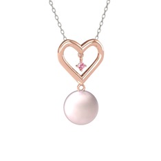 İncili Kalp Kolye - Pembe inci ve pembe kuvars 14 ayar rose altın kolye (40 cm beyaz altın rolo zincir) #zr91rc