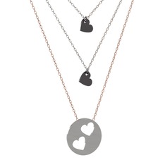 Üçlü Kalp Kolye - 925 ayar siyah rodyum kaplama gümüş kolye (45 cm beyaz altın rolo zincir) #1nualix