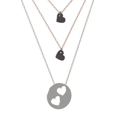 Üçlü Kalp Kolye - 925 ayar siyah rodyum kaplama gümüş kolye (45 cm rose altın rolo zincir) #biz418