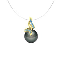 Kraliyet İnci Kolye - Siyah inci ve akuamarin 14 ayar altın kolye (40 cm beyaz altın rolo zincir) #84utr1