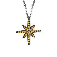Kutup Yıldızı Kolye - Sitrin 925 ayar siyah rodyum kaplama gümüş kolye (40 cm gümüş rolo zincir) #28kpfm