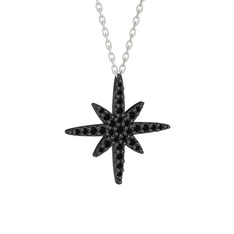 Kutup Yıldızı Kolye - Siyah zirkon 925 ayar siyah rodyum kaplama gümüş kolye (40 cm beyaz altın rolo zincir) #99cj3p