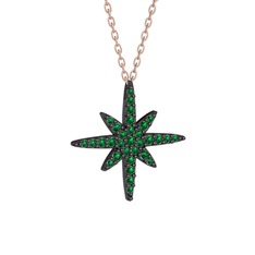 Kutup Yıldızı Kolye - Yeşil kuvars 925 ayar siyah rodyum kaplama gümüş kolye (40 cm rose altın rolo zincir) #lkc006