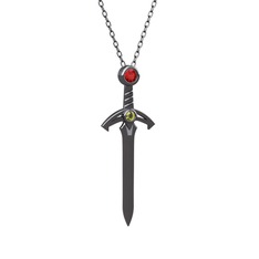 Kılıç Kolye - Garnet ve peridot 925 ayar siyah rodyum kaplama gümüş kolye (40 cm gümüş rolo zincir) #10nk6bj