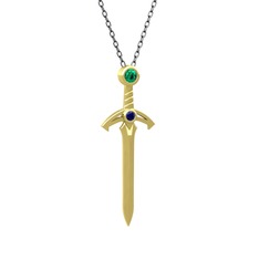 Kılıç Kolye - Yeşil kuvars ve lab safir 14 ayar altın kolye (40 cm gümüş rolo zincir) #15w7ym5