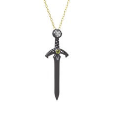 Kılıç Kolye - Pırlanta ve peridot 925 ayar siyah rodyum kaplama gümüş kolye (0.08 karat, 40 cm gümüş rolo zincir) #1biujgg