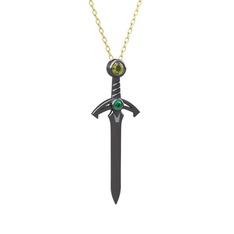 Kılıç Kolye - Peridot ve yeşil kuvars 925 ayar siyah rodyum kaplama gümüş kolye (40 cm altın rolo zincir) #1e4stlv