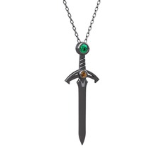 Kılıç Kolye - Yeşil kuvars ve dumanlı kuvars 925 ayar siyah rodyum kaplama gümüş kolye (40 cm gümüş rolo zincir) #1u7gc99