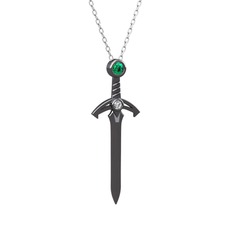 Kılıç Kolye - Yeşil kuvars ve swarovski 925 ayar siyah rodyum kaplama gümüş kolye (40 cm beyaz altın rolo zincir) #1xtpk10
