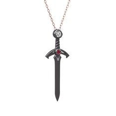 Kılıç Kolye - Pırlanta ve kök yakut 925 ayar siyah rodyum kaplama gümüş kolye (0.08 karat, 40 cm rose altın rolo zincir) #b8nqu
