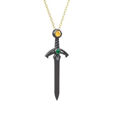 Kılıç Kolye - Sitrin ve yeşil kuvars 925 ayar siyah rodyum kaplama gümüş kolye (40 cm altın rolo zincir) #hmfjtk