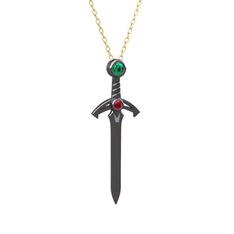 Kılıç Kolye - Yeşil kuvars ve rodolit garnet 925 ayar siyah rodyum kaplama gümüş kolye (40 cm gümüş rolo zincir) #nlhpv3