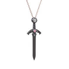 Kılıç Kolye - Pırlanta ve pembe kuvars 925 ayar siyah rodyum kaplama gümüş kolye (0.08 karat, 40 cm rose altın rolo zincir) #pkrnak