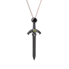 Kılıç Kolye - Siyah zirkon ve peridot 925 ayar siyah rodyum kaplama gümüş kolye (40 cm rose altın rolo zincir) #s1nxz1