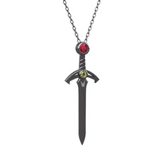 Kılıç Kolye - Rodolit garnet ve peridot 925 ayar siyah rodyum kaplama gümüş kolye (40 cm gümüş rolo zincir) #sm8rl
