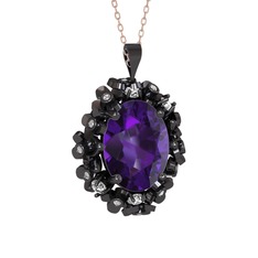 Belka Demet Kolye - Ametist ve swarovski 925 ayar siyah rodyum kaplama gümüş kolye (40 cm rose altın rolo zincir) #nug72f