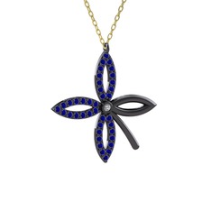 Taşlı Yonca Kolye - Swarovski ve lab safir 925 ayar siyah rodyum kaplama gümüş kolye (40 cm altın rolo zincir) #1eo8w7d