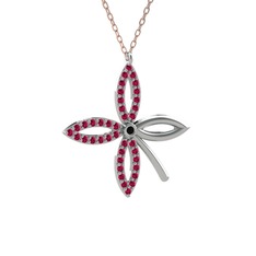 Taşlı Yonca Kolye - Siyah zirkon ve rodolit garnet 14 ayar beyaz altın kolye (40 cm rose altın rolo zincir) #1nmyz4a