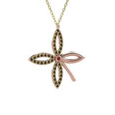 Taşlı Yonca Kolye - Garnet ve peridot 8 ayar rose altın kolye (40 cm altın rolo zincir) #givgu2