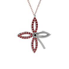 Taşlı Yonca Kolye - Siyah zirkon ve garnet 18 ayar beyaz altın kolye (40 cm rose altın rolo zincir) #hmavy9