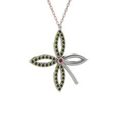 Taşlı Yonca Kolye - Garnet ve peridot 18 ayar beyaz altın kolye (40 cm gümüş rolo zincir) #k256y6