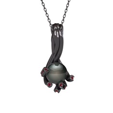 Valda İnci Kolye - Siyah inci ve kök yakut 925 ayar siyah rodyum kaplama gümüş kolye (40 cm gümüş rolo zincir) #13uzhv3