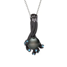 Valda İnci Kolye - Siyah inci ve akuamarin 925 ayar siyah rodyum kaplama gümüş kolye (40 cm gümüş rolo zincir) #1uhamsl