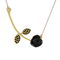 Gül Yaprağı Kolye - Siyah zirkon 925 ayar altın kaplama gümüş kolye (Siyah mineli, 40 cm rose altın rolo zincir) #1gzqob3