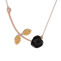 Gül Yaprağı Kolye - Sitrin 8 ayar rose altın kolye (Siyah mineli, 40 cm rose altın rolo zincir) #1lhth4k