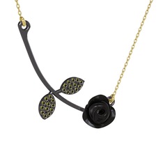 Gül Yaprağı Kolye - Peridot 925 ayar siyah rodyum kaplama gümüş kolye (Siyah mineli, 40 cm altın rolo zincir) #3xrazi