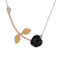 Gül Yaprağı Kolye - Sitrin 18 ayar rose altın kolye (Siyah mineli, 40 cm beyaz altın rolo zincir) #hkh45i