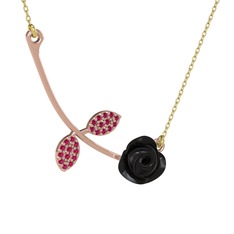Gül Yaprağı Kolye - Rodolit garnet 8 ayar rose altın kolye (Siyah mineli, 40 cm gümüş rolo zincir) #m24xb3