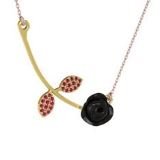 Gül Yaprağı Kolye - Rodolit garnet 925 ayar altın kaplama gümüş kolye (Siyah mineli, 40 cm rose altın rolo zincir) #sulnhh