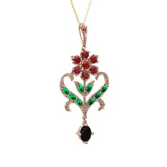 Garnet, yeşil kuvars ve siyah zirkon 8 ayar rose altın kolye (40 cm altın rolo zincir)