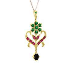 Ade Kraliyet Kolye - Yeşil kuvars, rodolit garnet ve siyah zirkon 8 ayar altın kolye (40 cm rose altın rolo zincir) #1b17frb