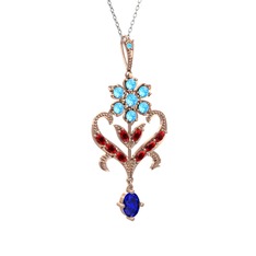 Akuamarin, garnet ve lab safir 14 ayar rose altın kolye (40 cm beyaz altın rolo zincir)
