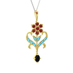 Ade Kraliyet Kolye - Garnet, akuamarin ve siyah zirkon 14 ayar altın kolye (40 cm gümüş rolo zincir) #d06rrk