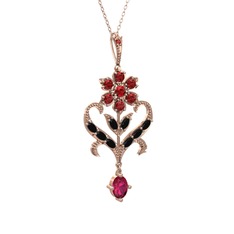 Garnet, siyah zirkon ve rodolit garnet 8 ayar rose altın kolye (40 cm rose altın rolo zincir)